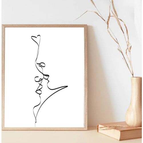 Abstract Couple Kiss Single Line Drawing Print Love Black White Poster Romantic Gifts Bedroom Wall Art Canvas Painting Decor