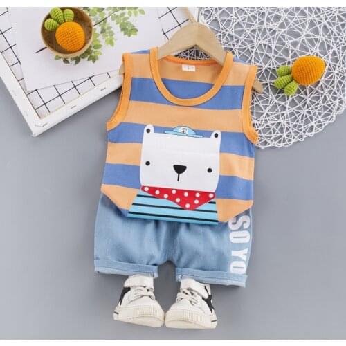 Children Summer Cotton Baby Boy Clothes strips cartoon Sports Vest Shorts 2Pcs/sets Infant Outfit Kid Fashion Toddler Tracksuits