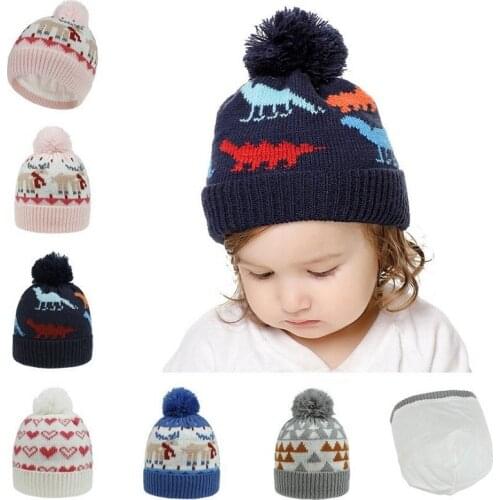 Elk Dinosaur Jacquard Knitted Warm Kids Hats Cute Pompom Baby Cap Pompon Hat Children Boys Girl Lining Knit Beanie Winter H235D