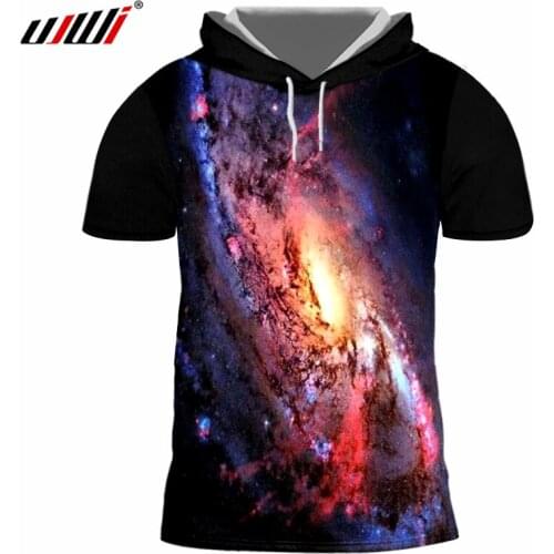 UJWI Spring New Mens Hooded T Shirt Print Galaxy Space Star T-Shirt Hoody Homme Short Sleeve Casual TShirts With Cap Unisex Tee