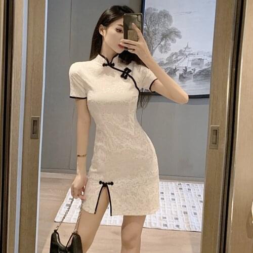 Chinese Dress Woman White Qipao Jacquard Weave Cheongsam New 2021 Sexy Mini Cheongsam Dress Traditional Retro Qipao Dress