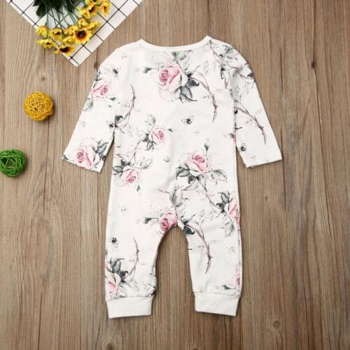 Pudcoco Rompers Spring Autumn Newborn Baby Girl Cotton Floral Print Ruffle Jumpsuit Long Sleeves Outfit Fall Leotard