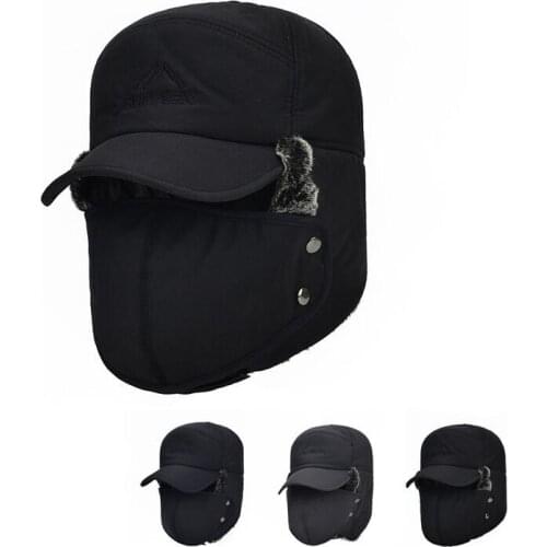 Mens Winter Outdoor Ear Flap Bomber Hat With Brim Face Mask Warm Windshield Hat Men Russian Waterproof Ski Cap Male Accessories