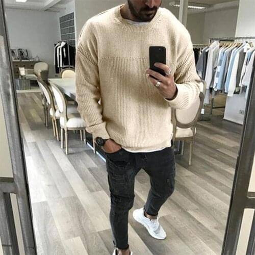 Mens Casual Knitted Christmas Sweaters Striped Long Sleeved Pullovers Solid Color Autumn Winter Loose Round Neck Male Clothing