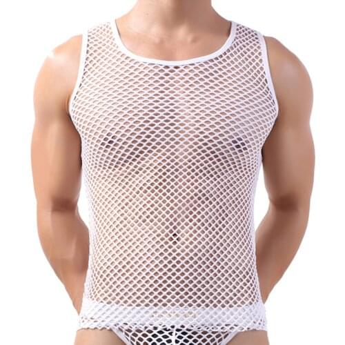 Mens Mesh Undershirts Sexy Fishnet Transparent Sleeveless T-shirts Summer Tank Tops Shirts Sleepwear Causal Camiseta Swimwear