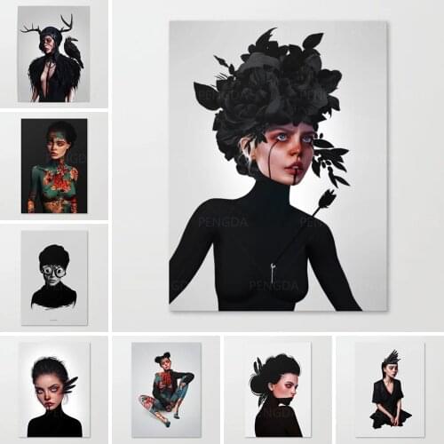 Wall Artwork Modular Sparrow Canvas Paintings Beautiful Girl Black Flowers Pictures Hd Prints Home Decoration Living Room Poster