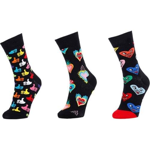 3 Pairs Mens Socks Fashion Winter Pure Fun Cotton Street Hip-hop Unisex Casual Sports Print Female Cartoon Heart Crew Sock Man