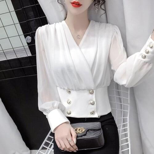 Newest Hot Womens Loose Blouse Long Sleeve V Neck Spring White Autumn Shirts Casual Button Top Female Blusas Party Elegant