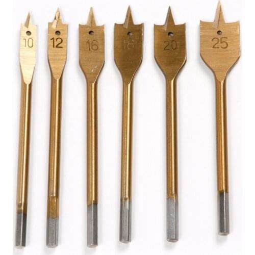 Wholesale 6pcs/Set Titanium Coated Wood Spade Drill Bit Opening Hole Diameter 10/12/16/18/20/25 mm for Carpentry Wood Drilling
