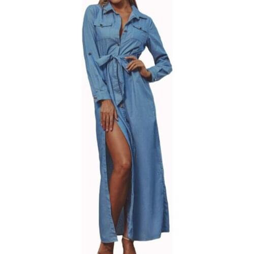 Fashion Fall Womens Collect Waist Denim Longsleeve Trench Coat Female Split Retro Solid High Waist Dress Overcoat Streetwear
