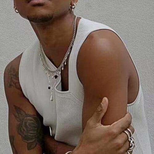 Slash Neck Knitted Vest Solid Color Men Sleeveless Slim Summer Vest Streetwear