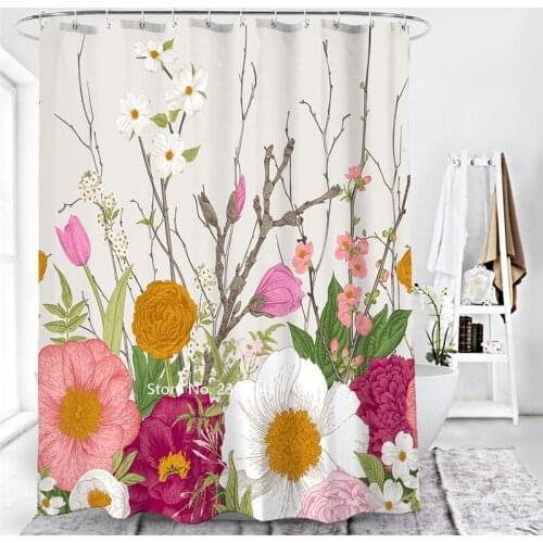 Natural Landscape Waterproof Mildewproof Lovely Cartoon Flowers Plant Leaves Shower Curtain with Hook Adult Bathtub Decoration