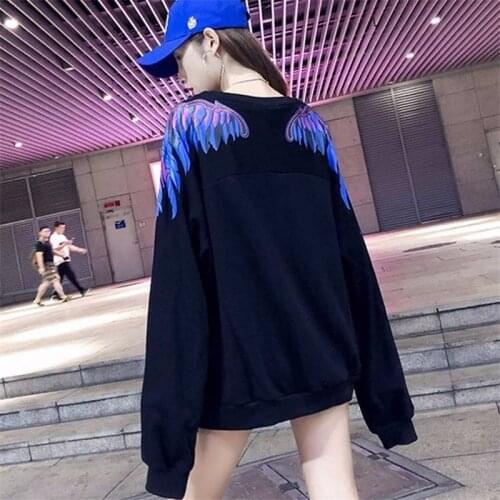 Harajuku Wing Printed Women Fleece Sweatshirt Casual Loose Long Sleeve Hoodies Sweatshirt Female Autumn Pullover Loose Hoodies