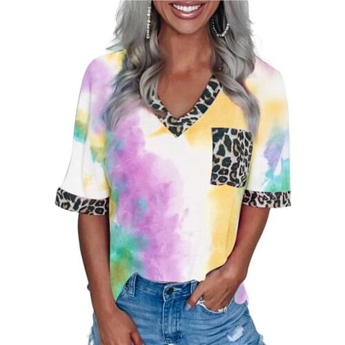 2020 New Women Tie-Dye T-Shirts Summer Short Sleeve Tops Ladies Casual Leopard Neck Tee Shirt Streetwear