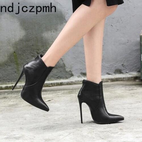 Ankle Boots The New Autumn and Winter Fashion Pointed Zipper Sexy Fine Heel High Heel Short Tube Shoes Women 12cm High Black