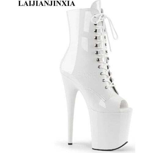 LAIJIANJINXIA Women Peep Toe Model Boots 20cm High Heels Boots Plus Size Dance Ankle Boots Platform Boots Lace Up Shoes