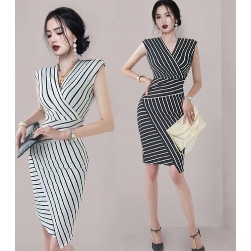 2021 summer Korean ladies temperament V-neck slim stitching striped sexy hip dress