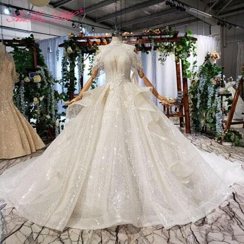 AnXin SH Luxury princess white rose flower lace high neck beading crystal sparkly vintage ball gown wedding dress 100%real photo