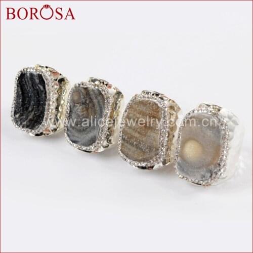 BOROSA 5/10PCS Freeform Brazilian Galaxy Quartz Silver Plated Ring Paved Zircons Natural Quartz Rings Jewelry for Women JAB917