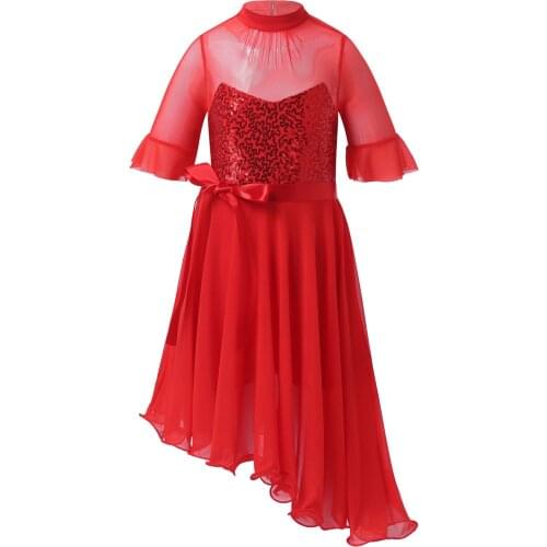 Kids Girls Jumpsuit Shiny Sequins Halter Neck Short Sleeve Irregular Ballet Tulle Dance Skating Ice Skating Jumpsuit Dress