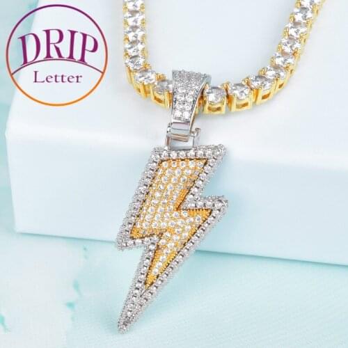 Double Color Lightning Shape Pendant Necklace Charm Bling Cubic Zircon Mens Hip Hop Rock Jewelry