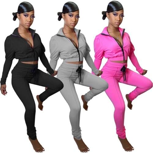 Fitness Activewear 2 Piece Set Woman Puff Sleeve Zipper Short Jacket And Drawstring Stacked Pants 2020 Autumn Jogger Tracksuit