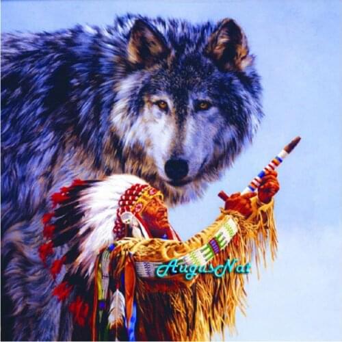 Wolf diamond painting full square indian man wall art diamond embroidery decor diamond dots painting animals mosaic pictures