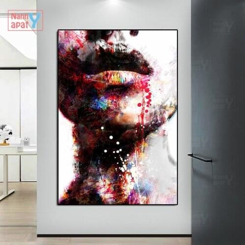 Colorful Woman Abstract Wall Art Canvas Oil Painting Lips Neck Wall Picture Poster Prints for Hotel Aisle Living Room Home Decor