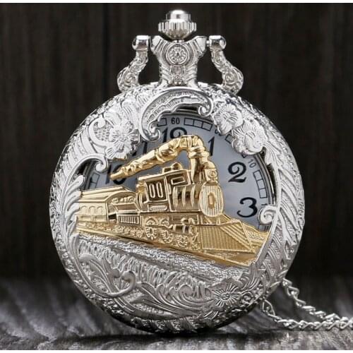 Quartz Pocket Watch Retro Silver Charming Gold Train Carved Openable Hollow Steampunk Men Women Pendant Clock Best Quality