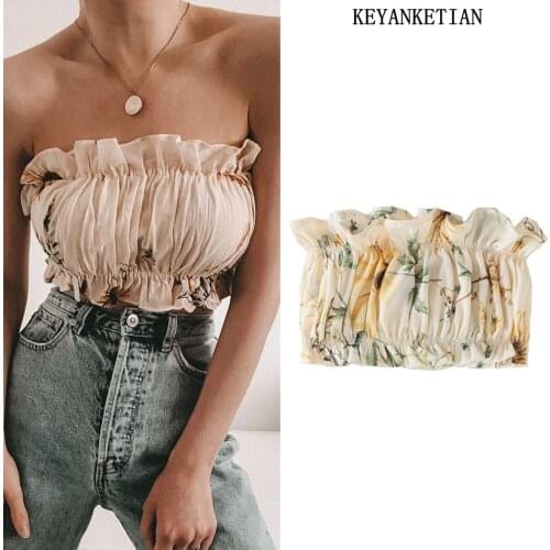 KEYANKETIAN za Summer open back pleated print tube top short pleated design niche fungus print blouse frilled vest