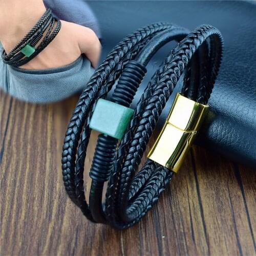 6 Types Natural Stone Men Bracelet Black Multilayer Real Leather Stainless Steel Magnet Clasp Bracelets Men and Women Jewelry