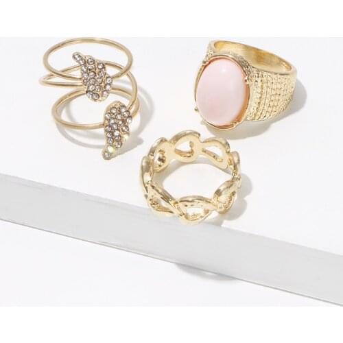 KOMi Retro Style Pink Stone Rhinestone Inlay Set Of 3 Wings Hollow Joint Ring Female Ring Suit Female K1106