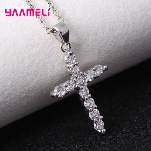 Original 925 Sterling Silver Necklace with Full Rhinestone Corss Charms Pendant Clear Cubic Zircon Paved for Male Female
