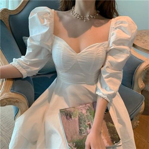 Women Vintage Half Sleeve Dress Chic Ladies High Waist A-line Solid Patry Dress Cute Puff Sleeve V-neck Backless Sweet Dress