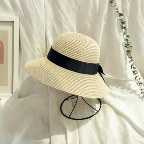 Summer Korea Fashion Ribbon Bow Lady Straw Hat Beach Resort Sun Block Foldable Beach Hat
