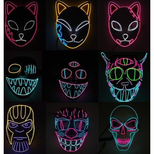Halloween Glowing LED Mask Demon Slayer Samurai Cartoon Scary Smiling Face EL Wire Mask For Cosplay Party Decoration
