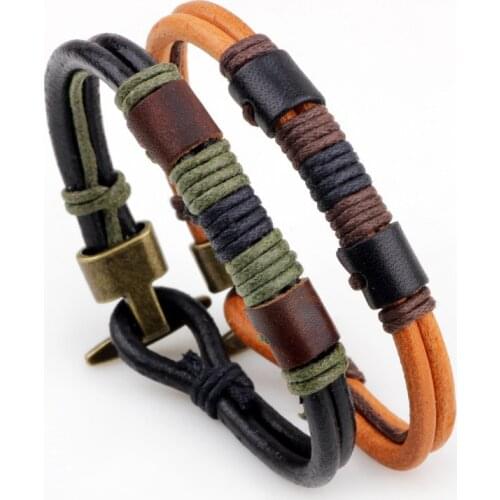 Vintage alloy hook charm bracelet Handmade Genuine Leather Bracelets Brand Fashion Punk Cuff Bracelets for Women Men
