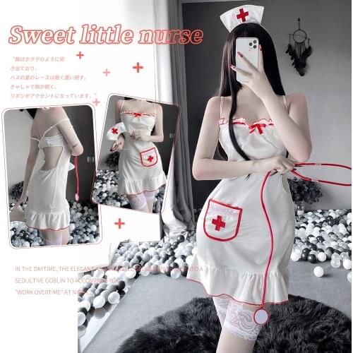 Cosplay Fun Underwear Polyester Bright Nurse Uniform Temptation Perspective Deep V-neck Ruffle Sexy Lingerie Costumes