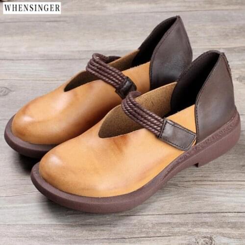 Whensinger -2018 Ballet Women Genuine Leather Shoes Woman Flat Soft Flexible Round Toe Nurse Casual Fashion Loafer Driving Shoes