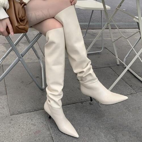 LAIGZEM SUPER Women Knee High Boots Leather+ Stretchy PU Kitten Heels Pleated Boots Zapato Botines Slip On Large Size 39 42 43