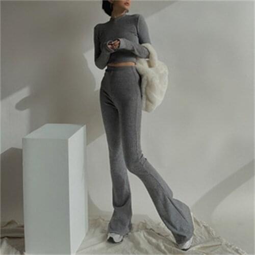 Two Piece Set Women Crop Top High Waisted Flare Pants Set Outfits Tracksuits Sweat Suits Knitted Basic Casual Slim Pant Suits