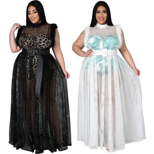 Womens elegant transparent sexy mesh long dress double dress set