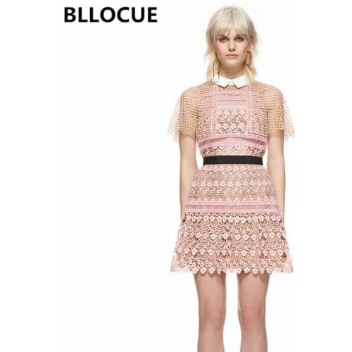 BLLOCUE High Quality 2019 Summer Runway Self Portrait Dresses Elegant Hollow Out Lace Patchwork Sexy Pink Mini Dress Vestidos