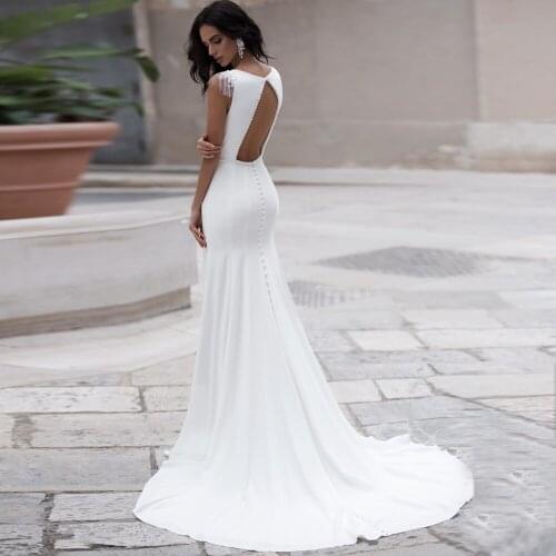 ADLN 2021 Mermaid Wedding Dress Jewel Cap Sleeves Beaded Backless Jersey Bridal Gown Vestido de Novia