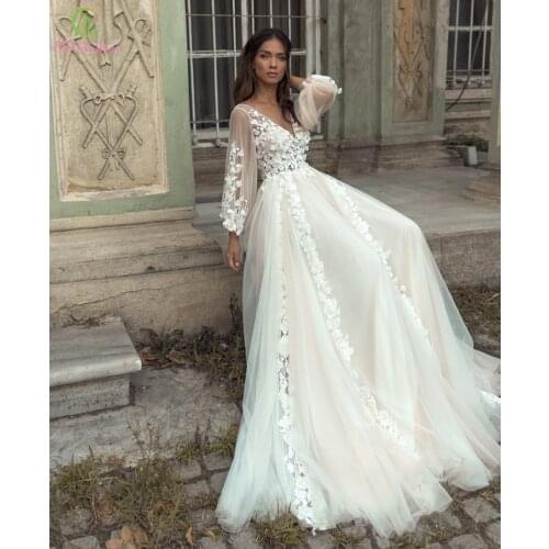 SSYFashion New Wedding Dress Sexy V-neck Long Sleeve Lace Appliques A-line Beach Wedding Gowns for Women Vestido De Novia