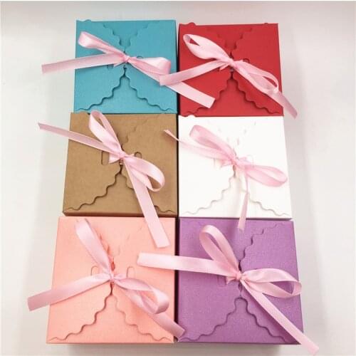 100Pcs/Lot Various Colors With Ribbon Paper Box For Wedding Party Biscuits Cake Gift Souvenir Package Container Paper Box Cases