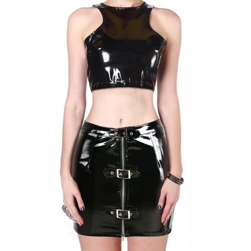 2Pcs/Set Black PU Leather Skirt Autumn Front Button Adjustable Zipper Pencil Skirt with Sexy Tank Tops Gothic Streetwear