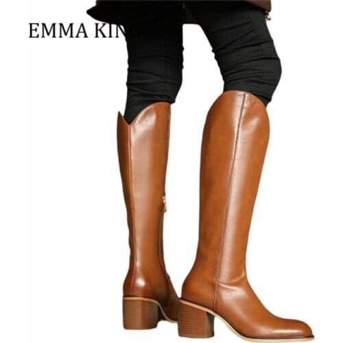 2020 Autumn Winter Knee High Knight Boots Pointed Toe Side Zipper Chunky Low Heel Leather Boots Cool Cowboy Knight Botas Mujer