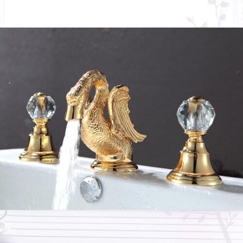 Gold finish 3 Pcs ROMAN lavatory sink faucet with crystal handles widespread cute little Luxurious swan goose faucet
