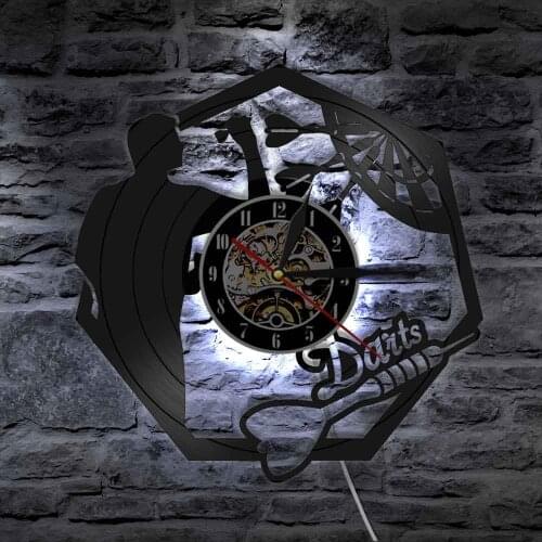 Dart Wall Art Vinyl Record Wall Clock Man Cave Pub Club Game Room Dart Board Decoration Modern Wall Hanging Watch with Backlight
